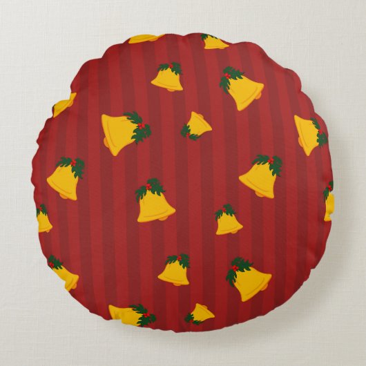 Holiday Red Gold Stripe Bells Christmas ラウンドクッション (正面)
