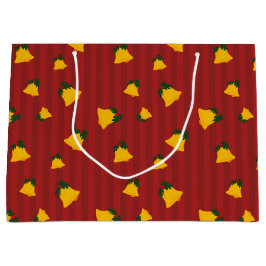 Holiday Red Gold Stripe Bells Christmas ラージペーパーバッグ