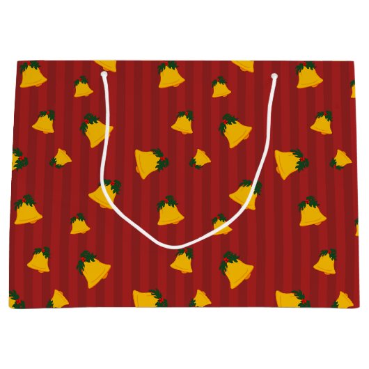 Holiday Red Gold Stripe Bells Christmas ラージペーパーバッグ (正面)