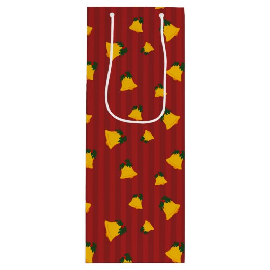 Holiday Red Gold Stripe Bells Christmas ワインギフトバッグ (正面)