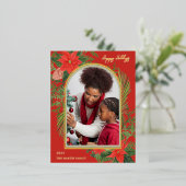 Holiday Red Poinsettia and Greeneryの写真 箔シーズンポストカード (立ち正面)