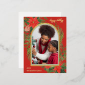 Holiday Red Poinsettia and Greeneryの写真 箔シーズンポストカード (正面/裏面)