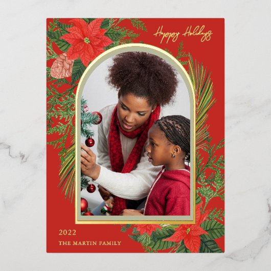 Holiday Red Poinsettia and Greeneryの写真 箔シーズンポストカード (正面)