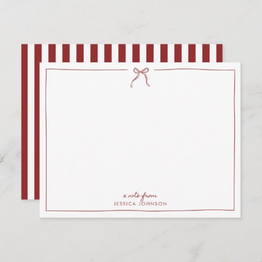 Holiday Red Stripes Bow Note Card 招待状 (正面/裏面)