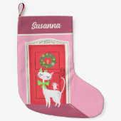 Holiday Retro White Cat and Mouse スモールクリスマスストッキング (正面)