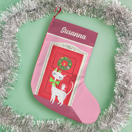 Holiday Retro White Cat and Mouse  スモールクリスマスストッキング