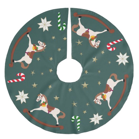 Holiday rocking horses Dark Green Tree Skirt ブラッシュドポリエステルツリースカート (正面)