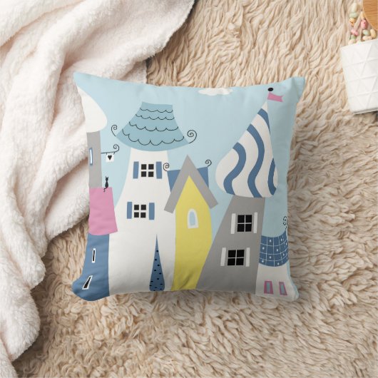 Holiday Seaside Town Buildings Colorful クッション (ブランケット)