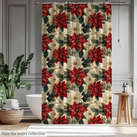 Holiday Shower Curtain Classic Christmas Flowers シャワーカーテン