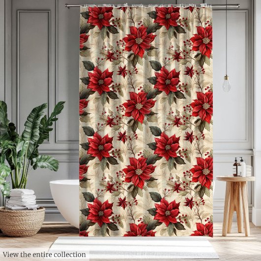 Holiday Shower Curtain with Classic Xmas Flowers シャワーカーテン