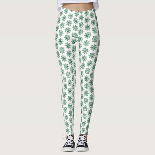 Holiday Snowflake Plaid Pattern Green Leggings レギンス (正面)