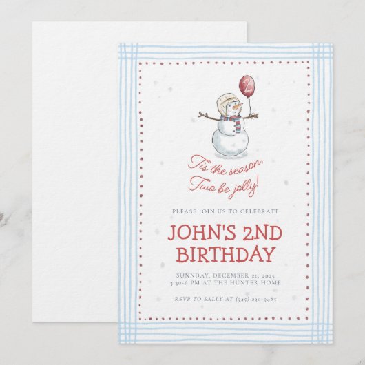 Holiday Snowman 2nd Birthday Invitation  招待状 (正面/裏面)