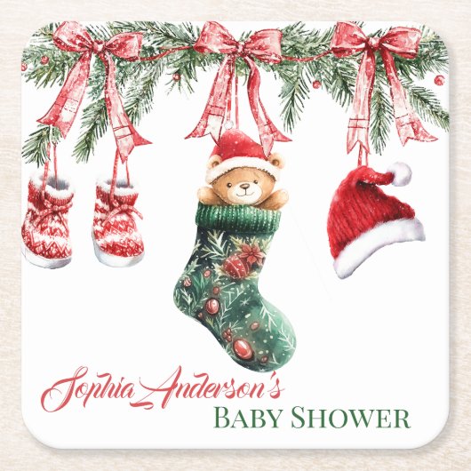 Holiday Teddy Bear Design スクエアペーパーコースター (正面)