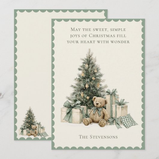 Holiday Tree Presents Teddy Bear Rustic Christmas シーズンカード (正面/裏面)