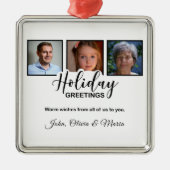 Holiday White 3 Photo Glitter Effect Christmas メタルオーナメント (正面)
