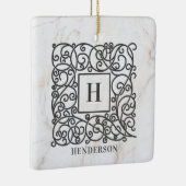 Holiday White Marble Monogram Family Name セラミックオーナメント (右)