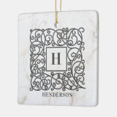 Holiday White Marble Monogram Family Name セラミックオーナメント (左)