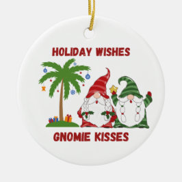 Holiday Wishes, Gnomie Kisses with 2 Gnomes on a セラミックオーナメント
