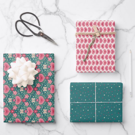 Holiday Wrapping Paper Set – Hearts & Flowers  ラッピングペーパーシート (正面)