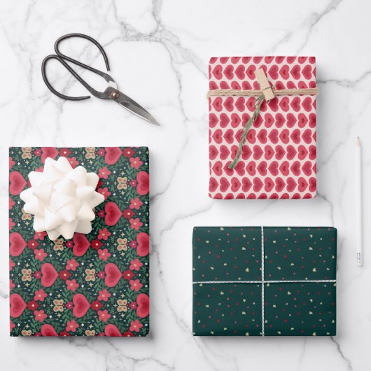 Holiday Wrapping Paper Set – Hearts, Flowers, Dots ラッピングペーパーシート (正面)