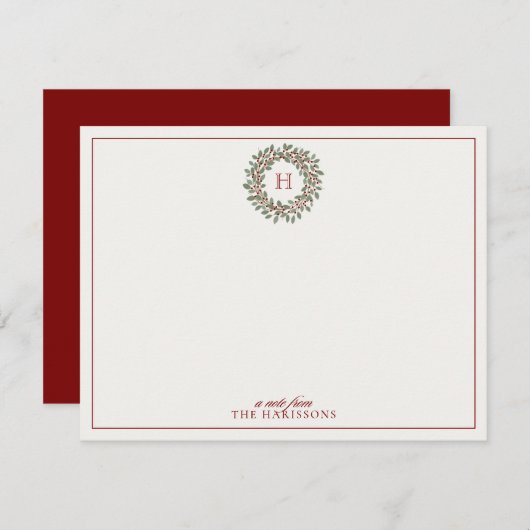 Holiday Wreath Monogram Note Card 招待状 (正面/裏面)