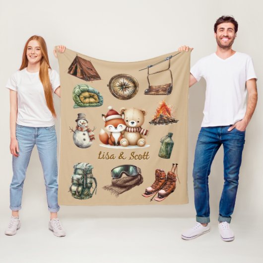 Holiday Xmas Couple Adventure Teddy Bear Fox Beige フリースブランケット (インサイチュ)