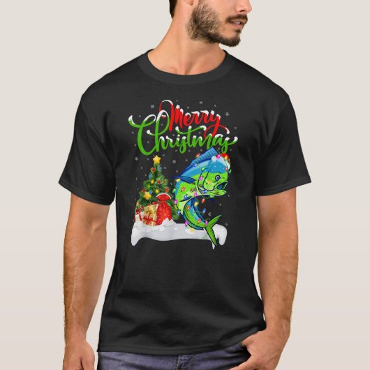 Holiday Xmas Tree Lights Santa Hat Mahi Mahi Fish Tシャツ (正面)