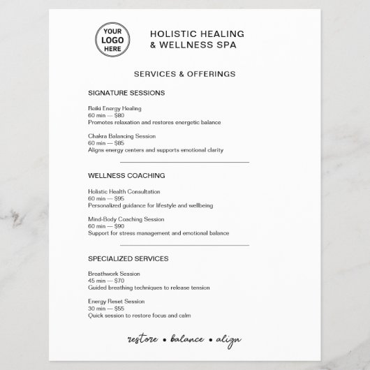 Holistic Wellness Services Minimalist Menu Flyer チラシ (正面)
