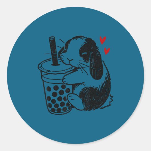 Holland Lop Rabbit Loves Boba Tea Bunny &amp; Bubb ラウンドシール (正面)