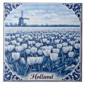 Holland tulips Delft Blue style ceramic tile タイル (正面)