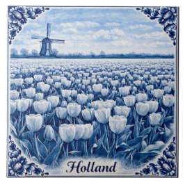 Holland tulips Delft Blue style ceramic tile タイル