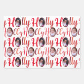 HOLLYスクリプト赤の白に4写真クリスマス ラッピングペーパーシート (正面)
