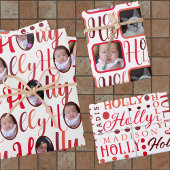HOLLYスクリプト赤の白に4写真クリスマス ラッピングペーパーシート