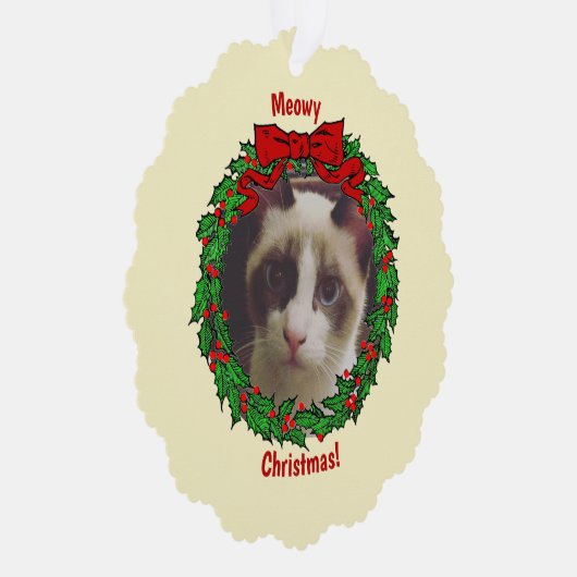 Hollyリースフレームミオウィクリスマス猫の写真を追加 オーナメントカード (右)