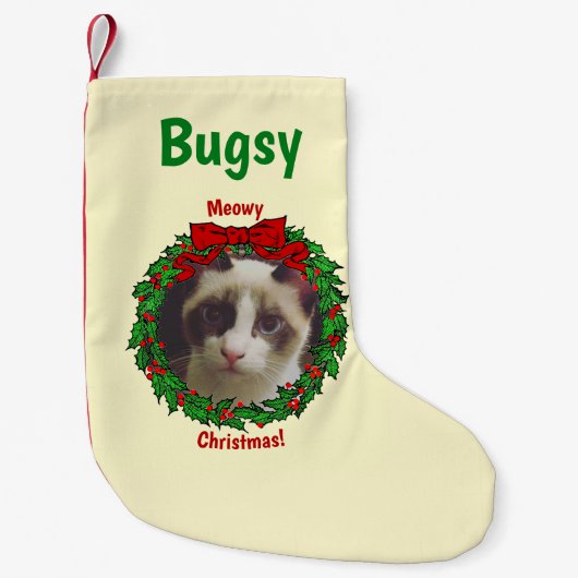 Hollyリースフレームミオウィクリスマス猫の写真を追加 スモールクリスマスストッキング (正面)