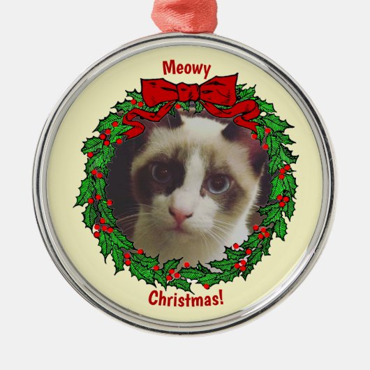 Hollyリースフレームミオウィクリスマス猫の写真を追加 メタルオーナメント (正面)