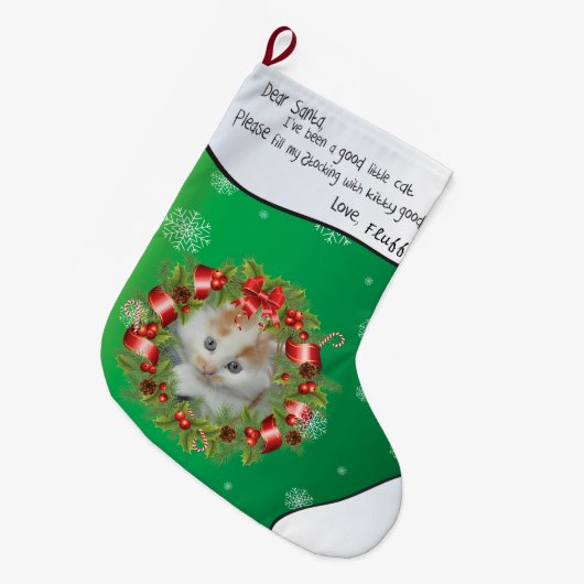 Hollyリースフレーム猫の写真を追加ペルソライズ ラージクリスマスストッキング (正面 (吊り時))