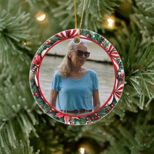 Holly and Peppermint Wreath ANY Photo セラミックオーナメント (ツリー)