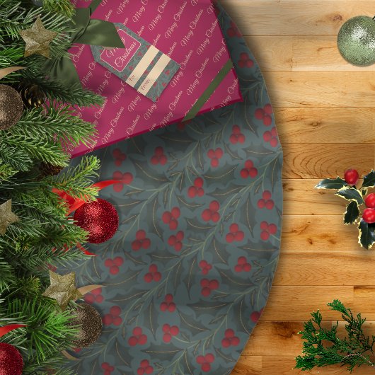 Holly Berries Christmas ブラッシュドポリエステルツリースカート