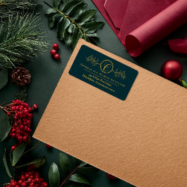 Holly | Berries Faux Gold Monogram Return Address ラベル