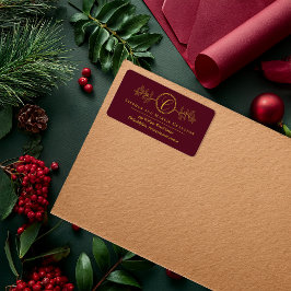 Holly | Berries Faux Gold Monogram Return Address ラベル