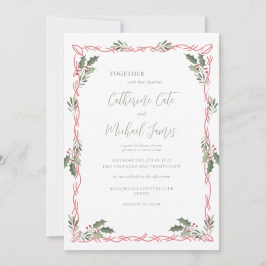Holly Berries Green Christmas Theme Wedding 招待状 (正面)