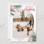 Holly Berries Merry Christmas Chic Arch Photo シーズンカード (正面)