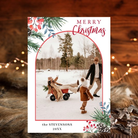 Holly Berries Merry Christmas Chic Arch Photo シーズンカード