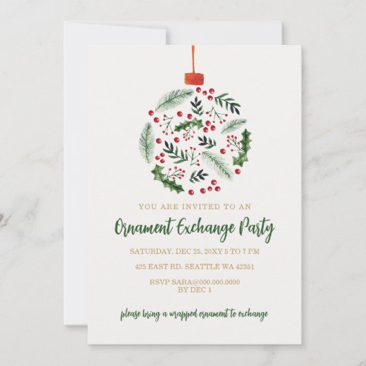 Holly Berries Ornament Exchange Christmas Party 招待状 (正面)