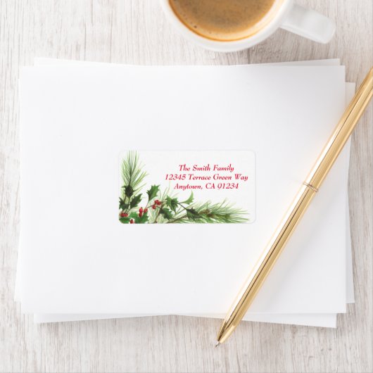 Holly Berries & Pine Winter Holiday Address Labels ラベル (インサイチュ)