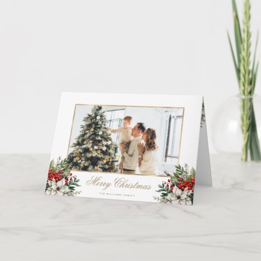 Holly Berries Poinsettia Photo Christmas Card シーズンカード (正面)