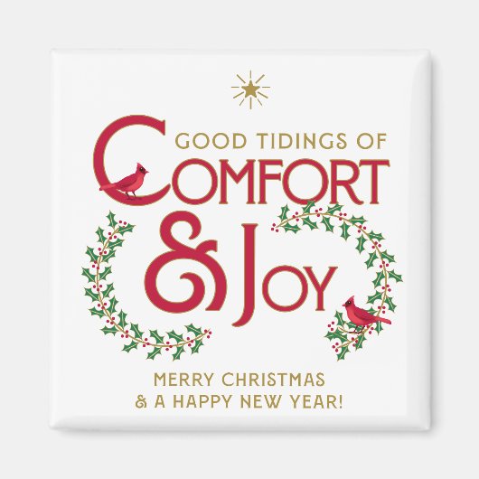 Holly Berry Cardinals Comfort Joy Merry Christmas マグネット (正面)