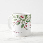 Holly Berry Christmas Holiday | Custom Script Name コーヒーマグカップ (正面左)