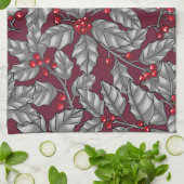 Holly berry, gray leaves on dark red キッチンタオル (折り畳み)